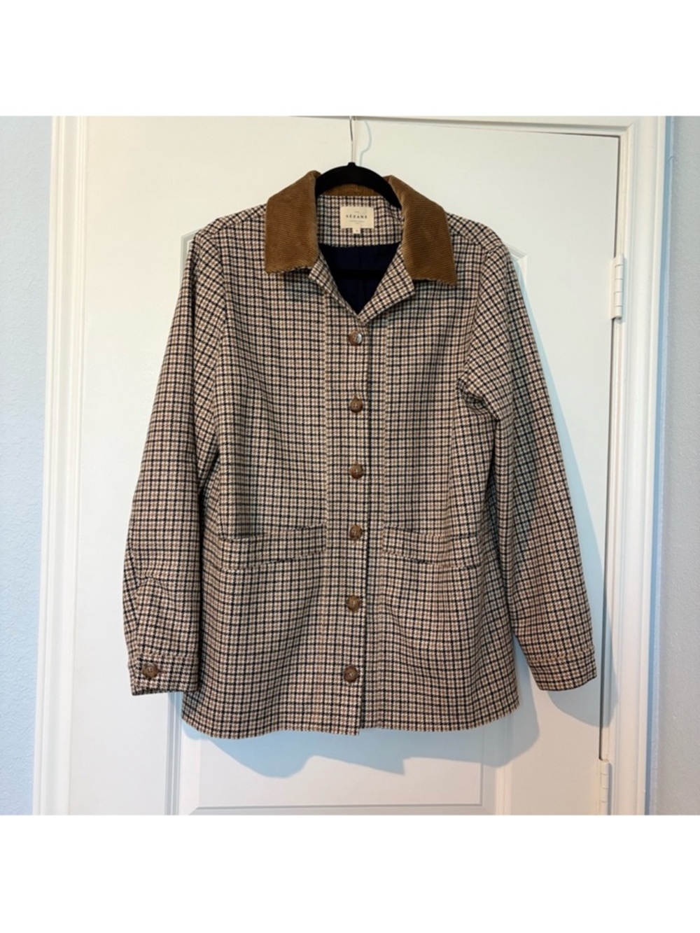 SEZANE Checked Blazer with Corduroy Collar in Tan and Cream - Picture 3 of 8